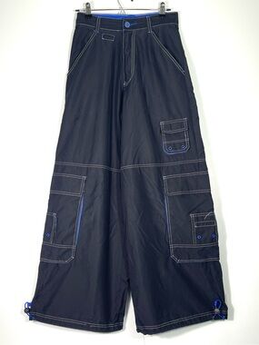 MACGEAR Y2K Women's Rave Pants Black Blue Wide-Leg Grunge Toggle Hem Size 28